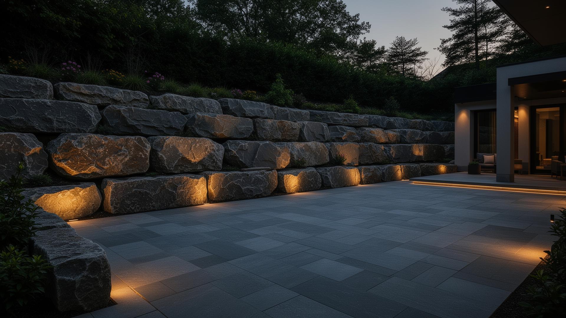 Luxury Okanagan backyard with natural stone retaining wall and premium patio pavers at dusk